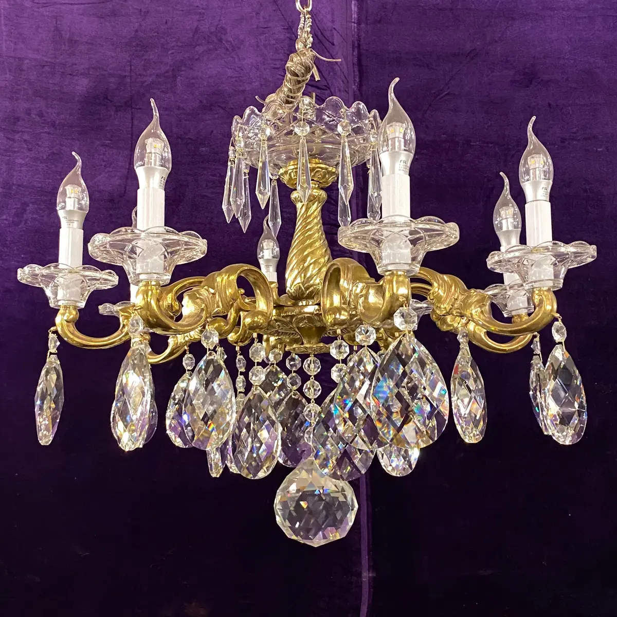 Antique Brass & Crystal Chandelier With Twist Detail - Sold 1