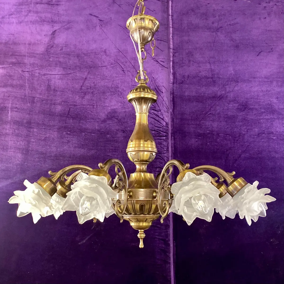 Antique Brass Chandelier With Frosted Glass Shades - Sold 1