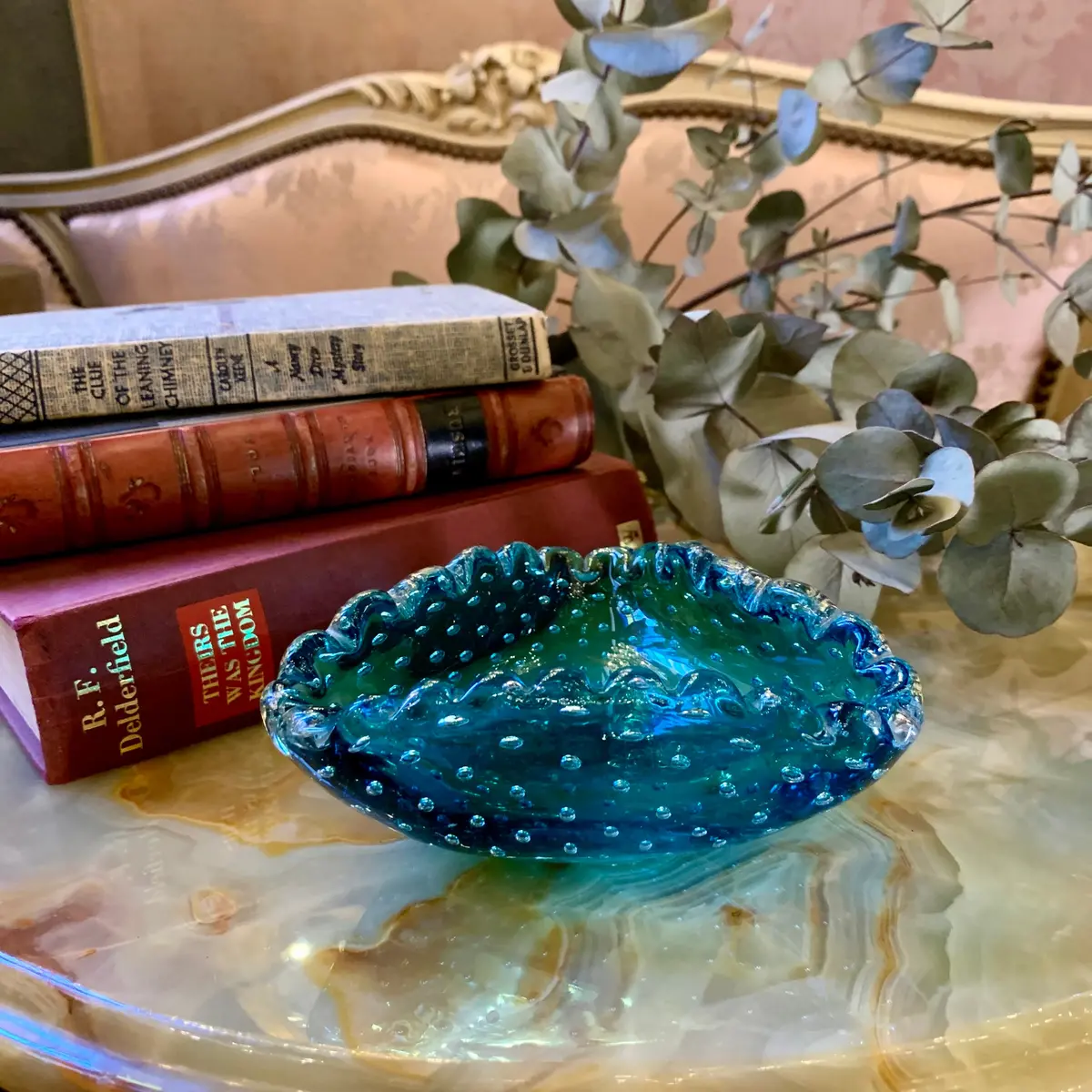 Cerulean Blue With Controlled Bubbles Murano Ashtray - Sold 1