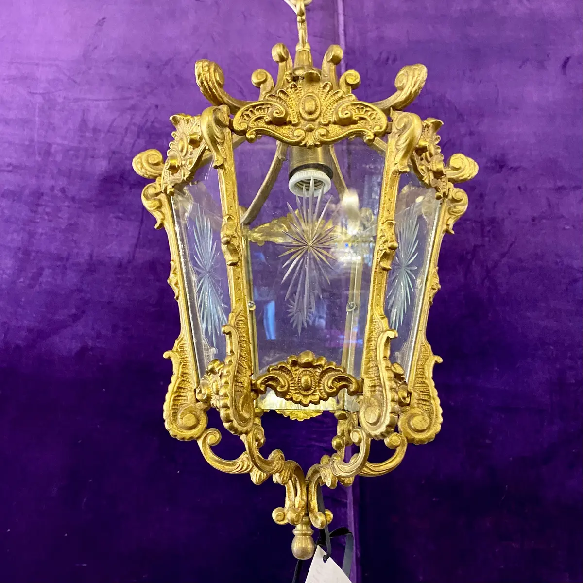 Vintage Aged Brass Lantern With Etched Star Burst Glass - Sold 1