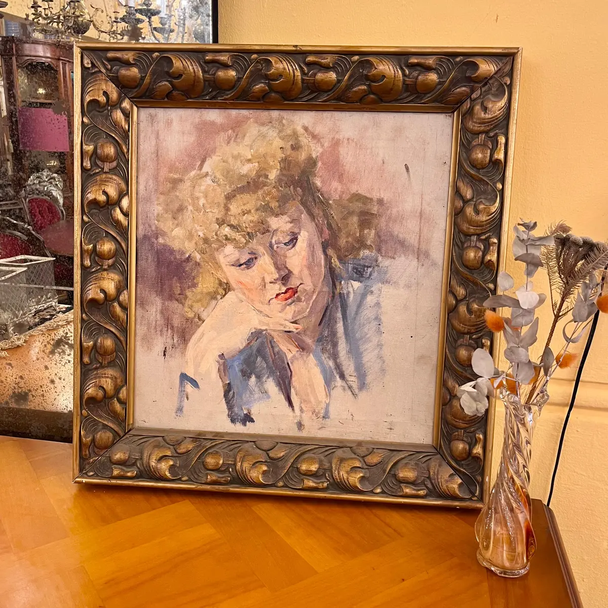 Antique Acrylic Painting Of Contemplative Woman - Sold 1