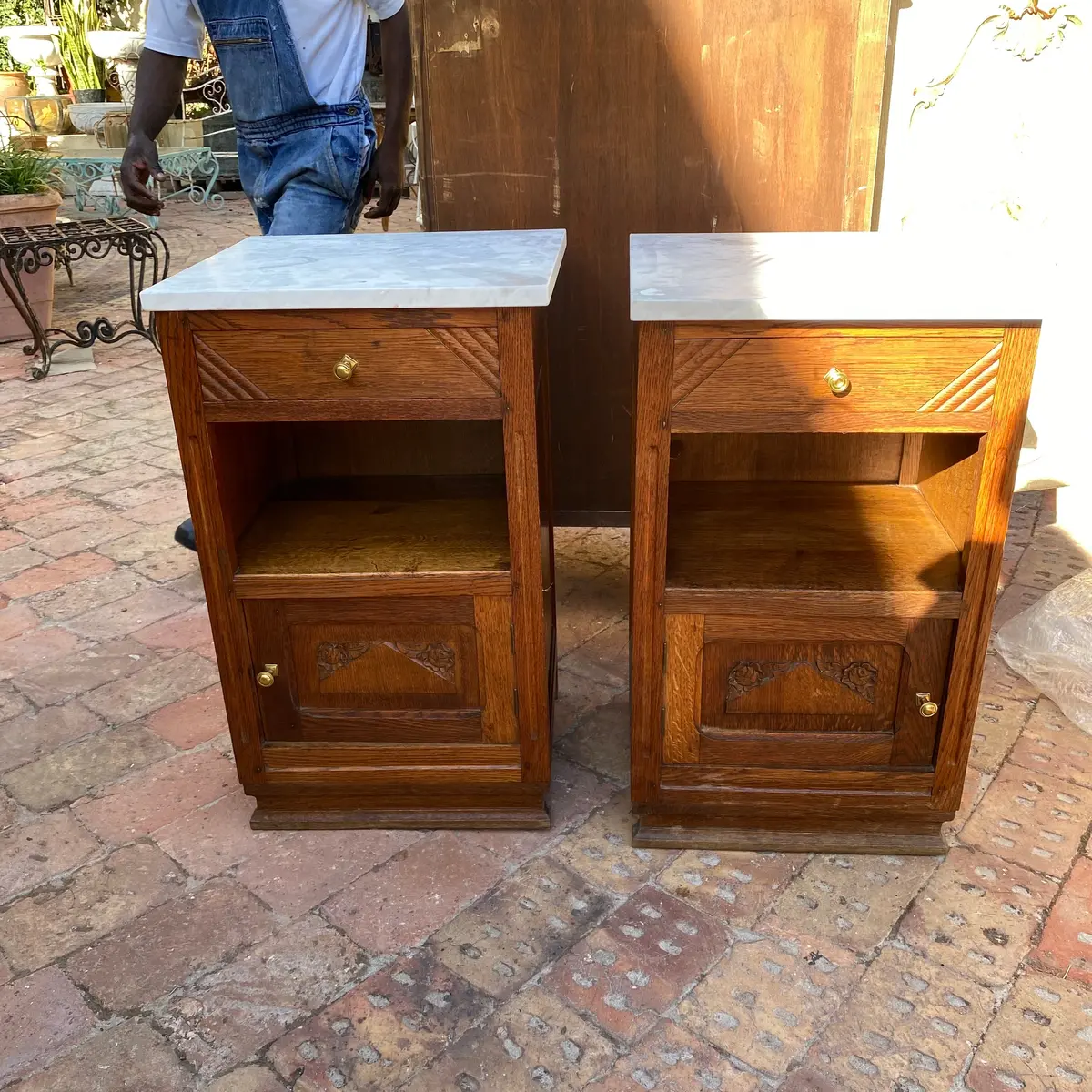 Pair Of Art Deco Oak Carved Bedside Pedestals With Marble Top - Sold 1