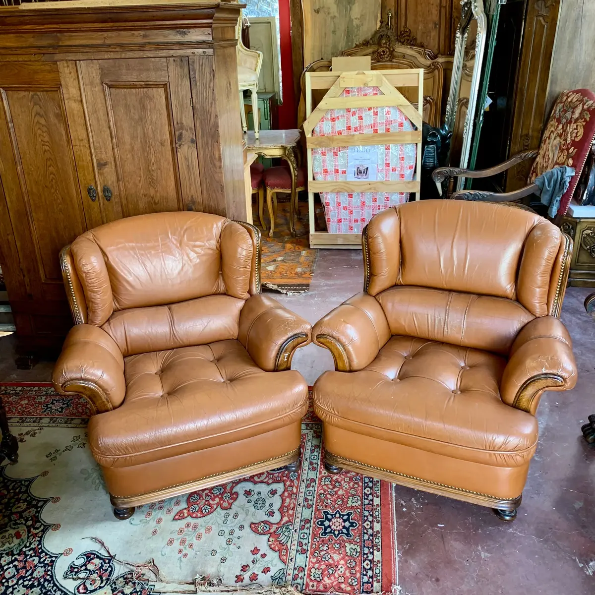 Pair Of Stylish Tan Leather Wingback Armchairs 1
