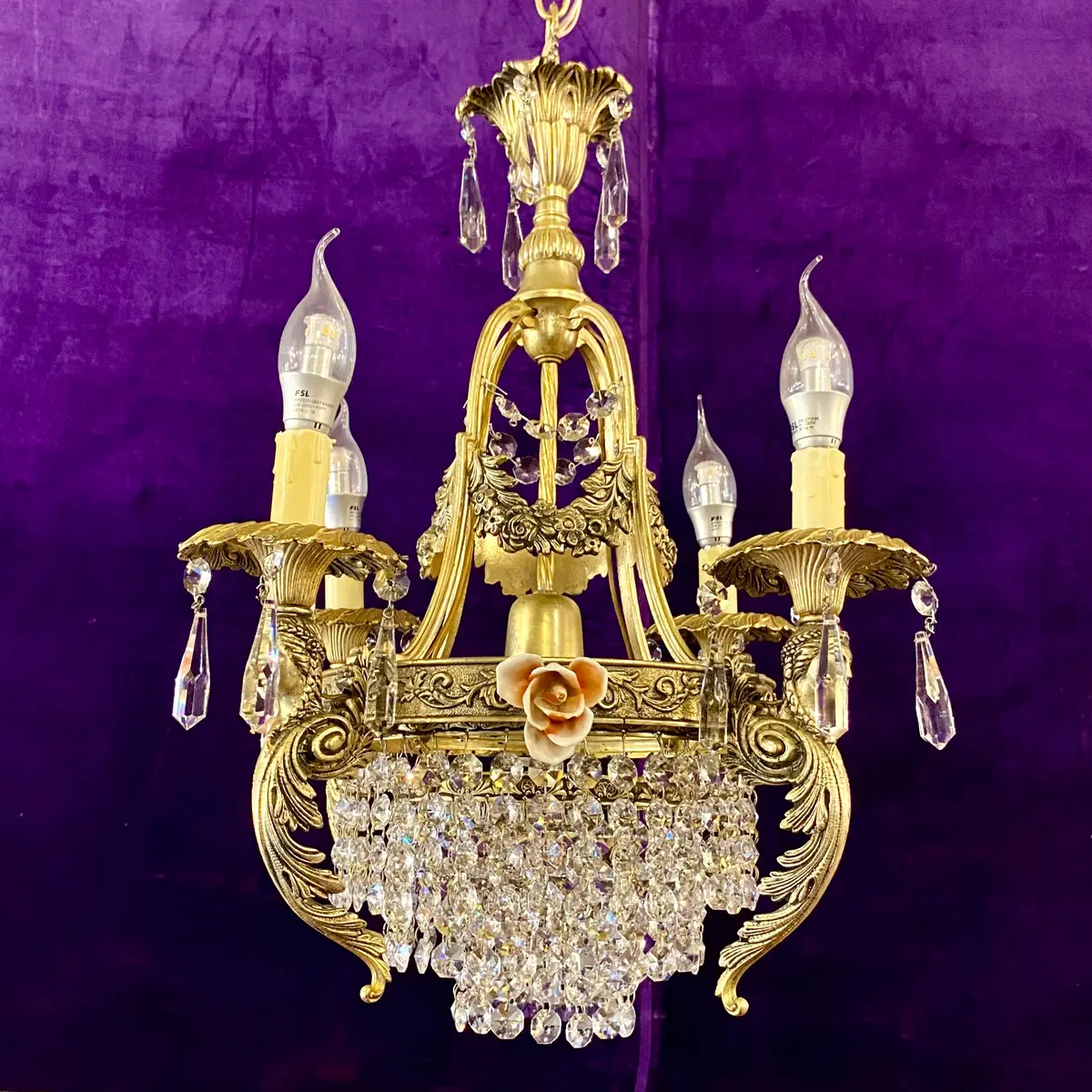 Gorgeous Antique Silver Chandelier With Original Crystals And Porcelain Flowers - Sold 1