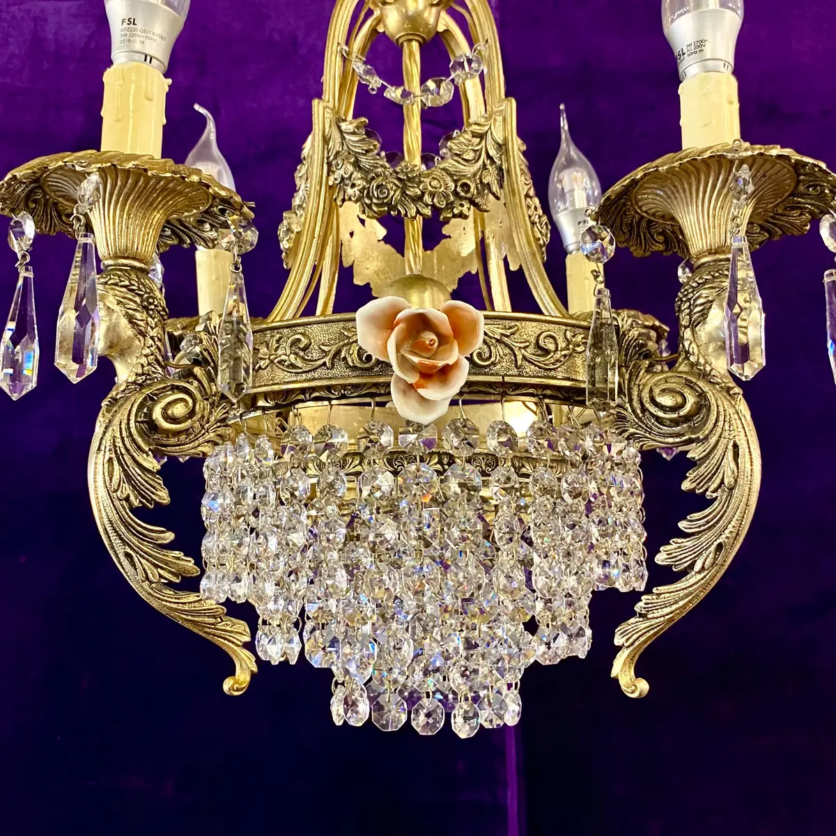 Gorgeous Antique Silver Chandelier With Original Crystals And Porcelain Flowers - Sold 2