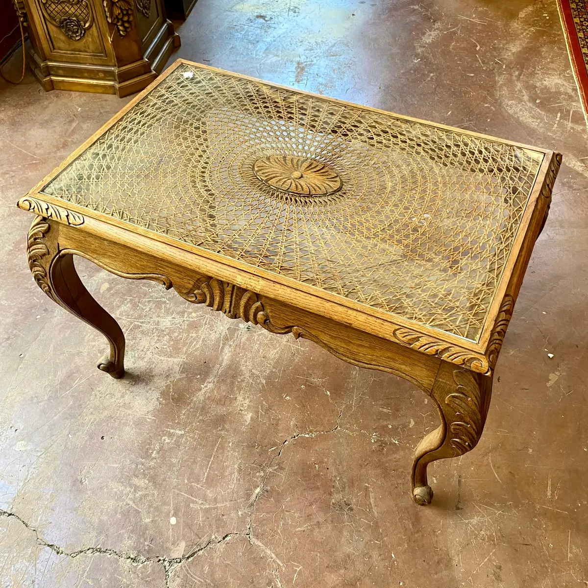 Beautiful Oak And Wicker Coffee Table With Glass Top - Sold 1