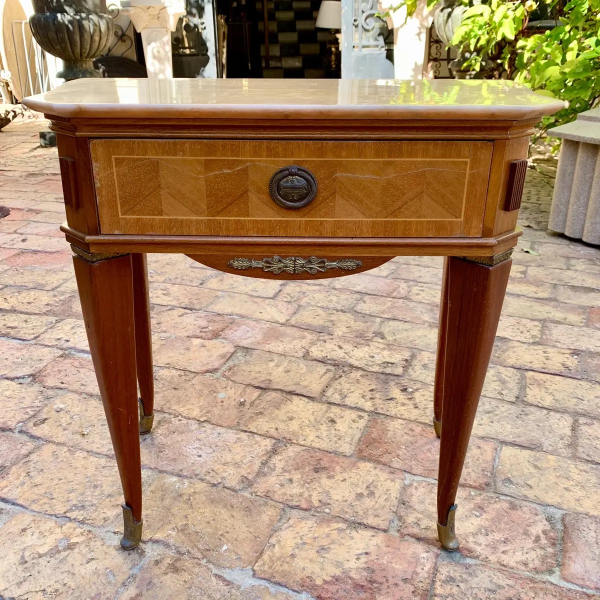 Petite Vintage Table With Marble Top And Brass Detailing 1