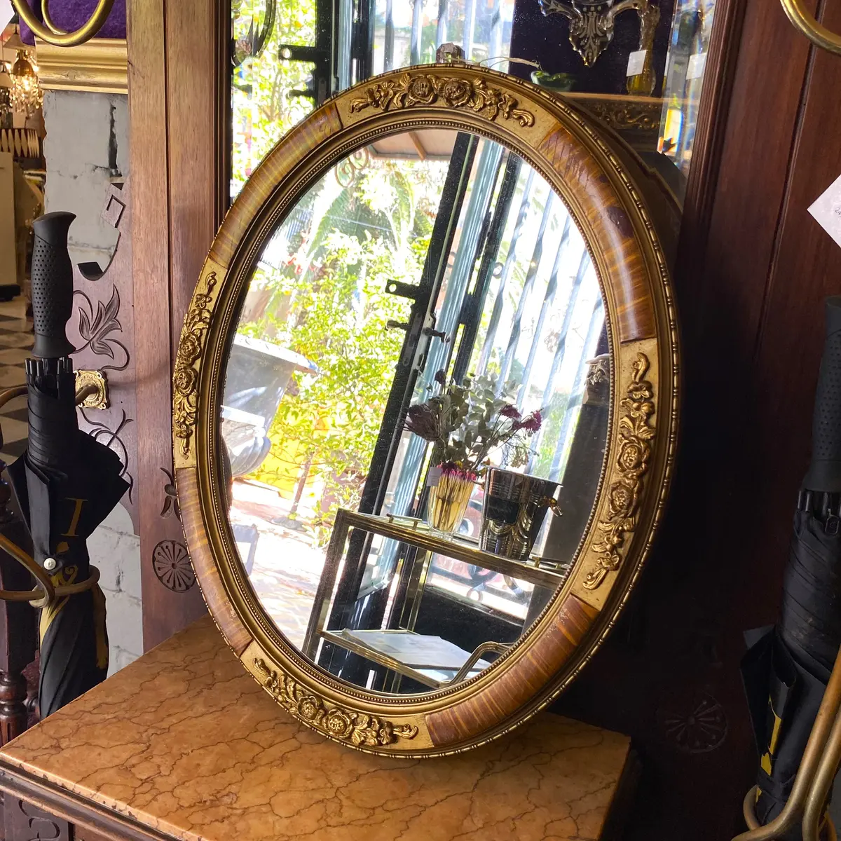 Antique Oval Oak And Gilt Gold Mirror - Sold 1