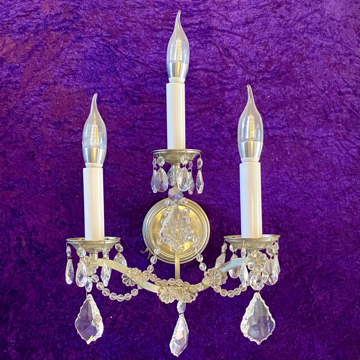 Pair Three Arm Antique Silver And Crystal Wall Sconces - Sold 1