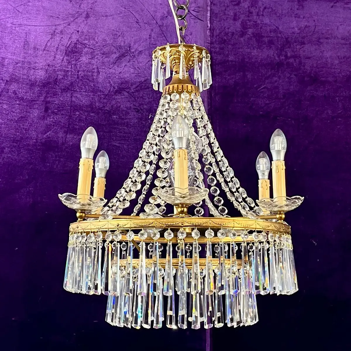 Italian Brass And Crystal Neoclassical Chandelier With Waterfall Basket, C. 1930S - Sold 1