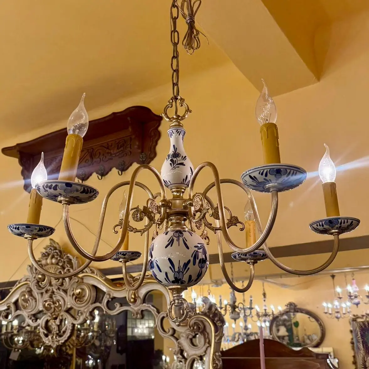 Flemish Six-Arm Brass Chandelier With Delft Ceramics, Belgium, Mid-20Th Century 1