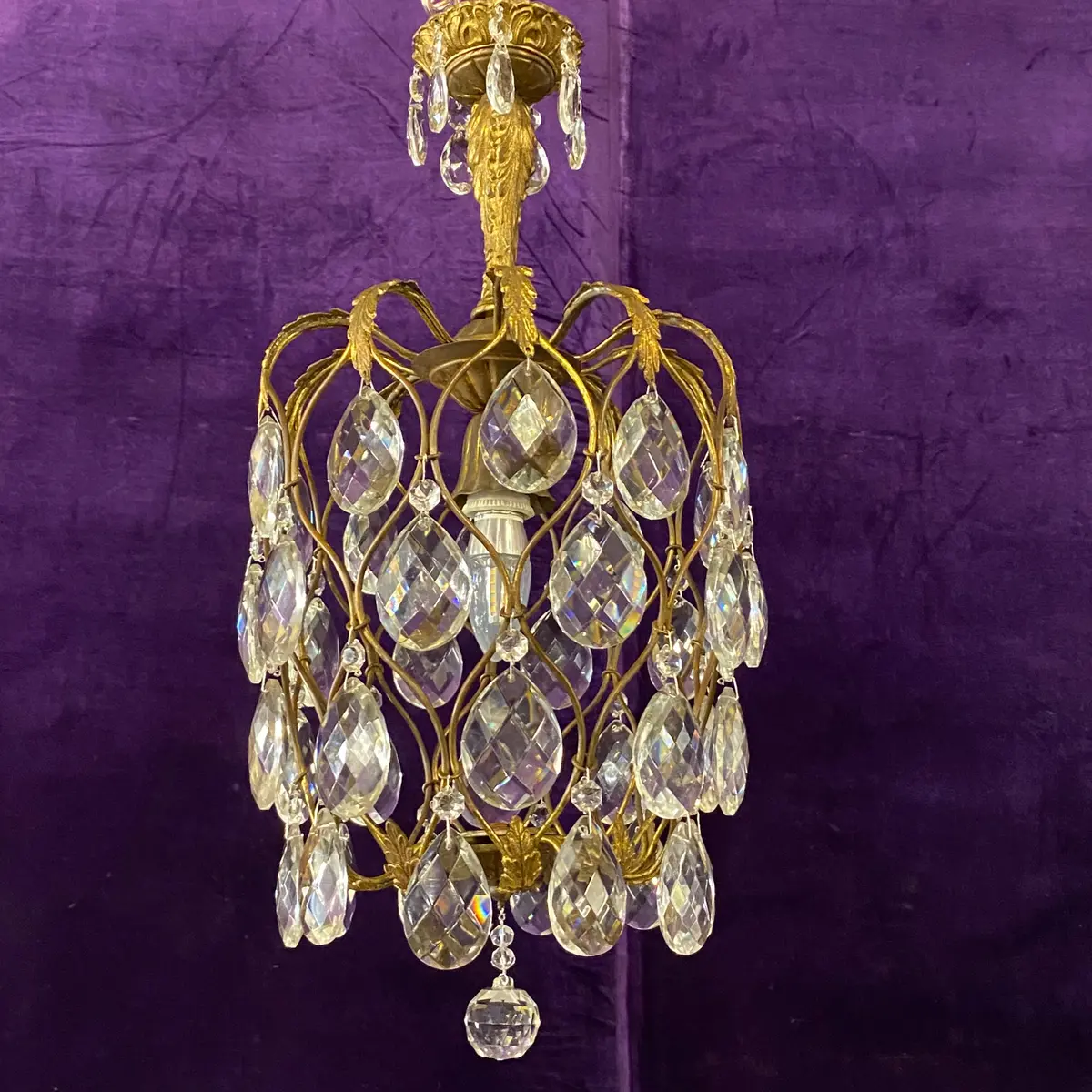 Vintage Cage Chandelier With Teardrop Crystals - Sold 1