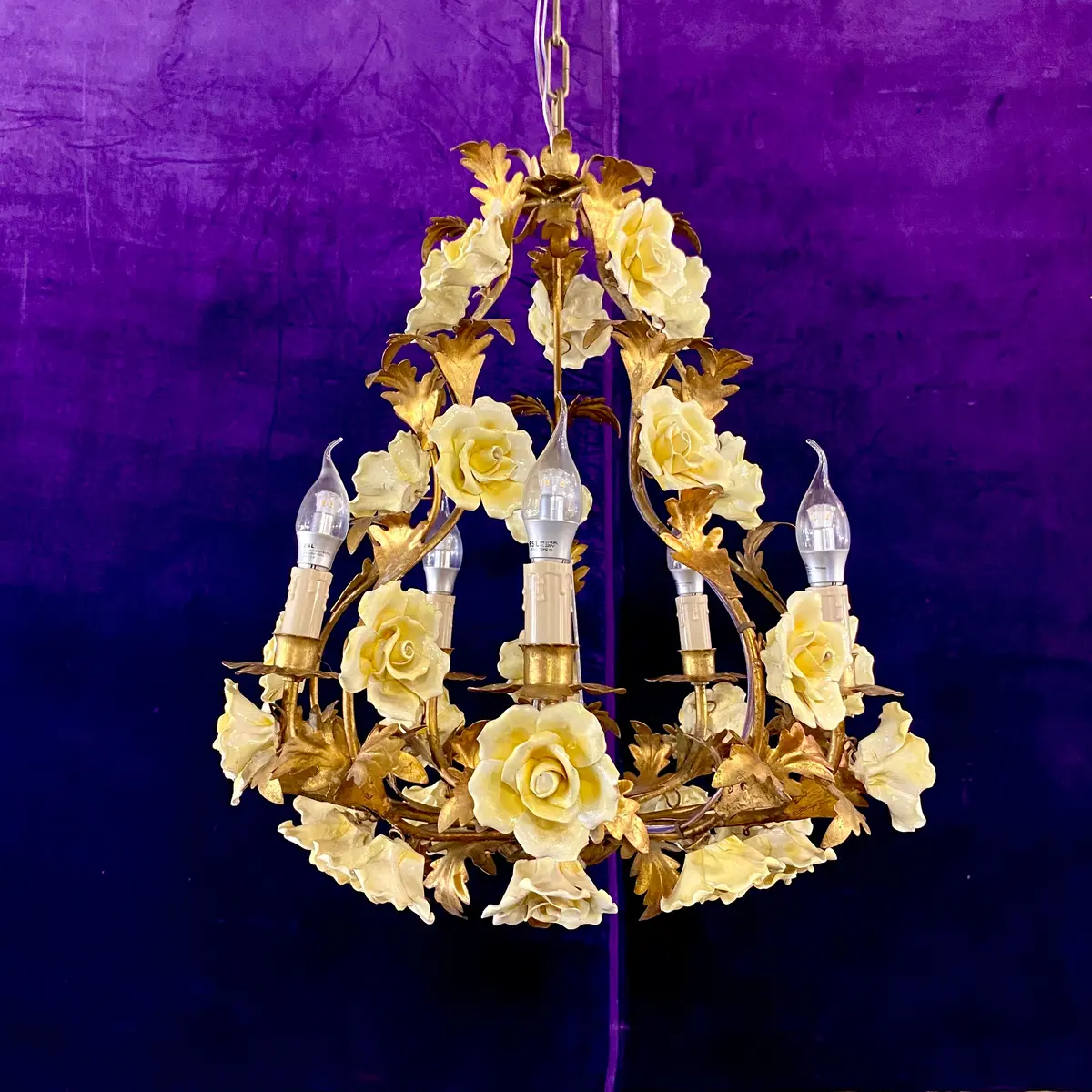 Beautiful Antique Porcelain Flower Brass Cage Chandelier 1