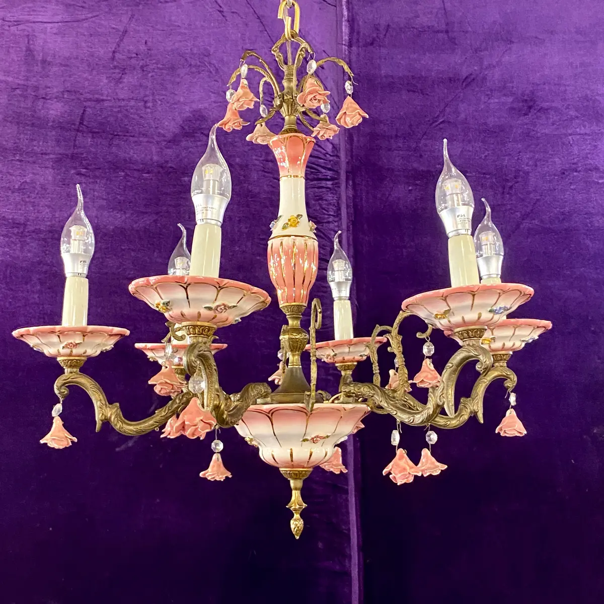 Exquisite Gold & Pink Capodimonte Porcelain Chandelier - Sold 1