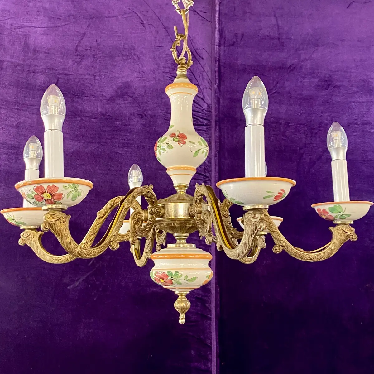 Antique Delft Chandelier With Peachy Tones 1
