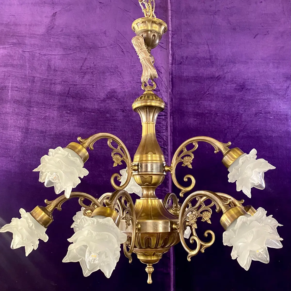 Antique Double Tier Brass Chandelier With Frosted Glass Shades - Sold 1