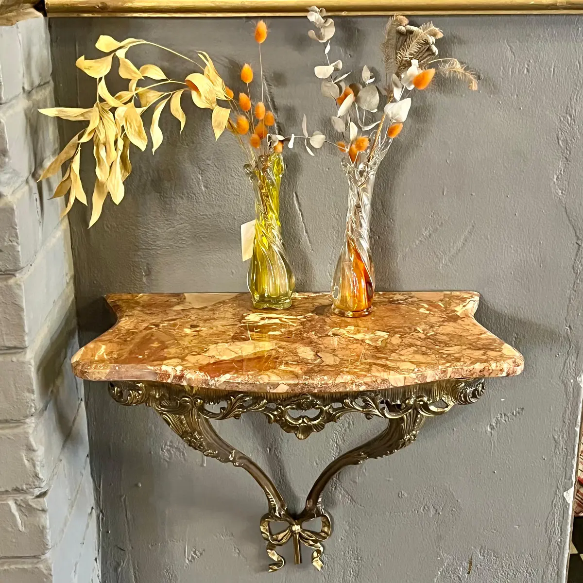 Sweet Brass Bow Console With Orange Mottled Marble - Sold 1