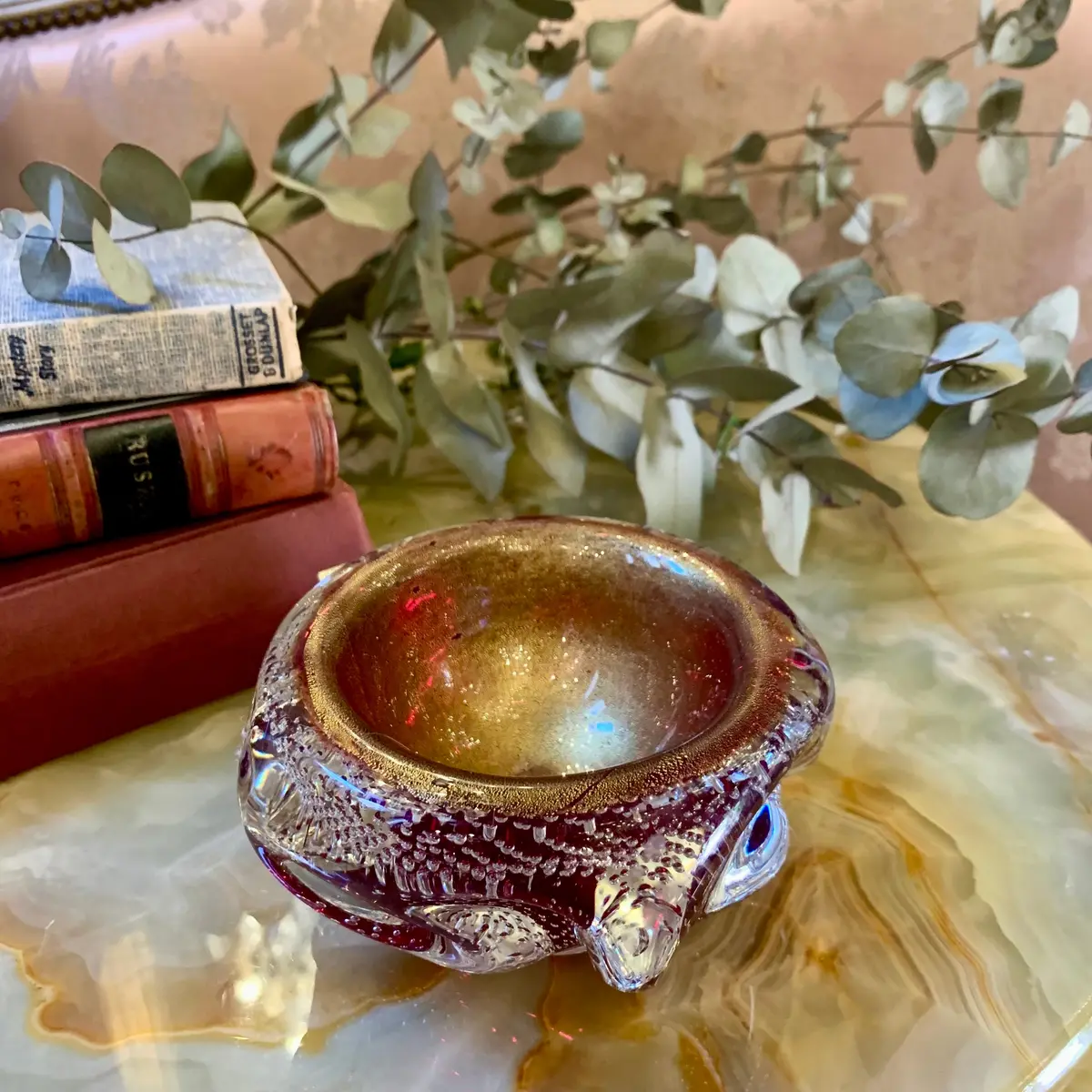 Stunning Burgundy And Gold Murano Ashtray 1