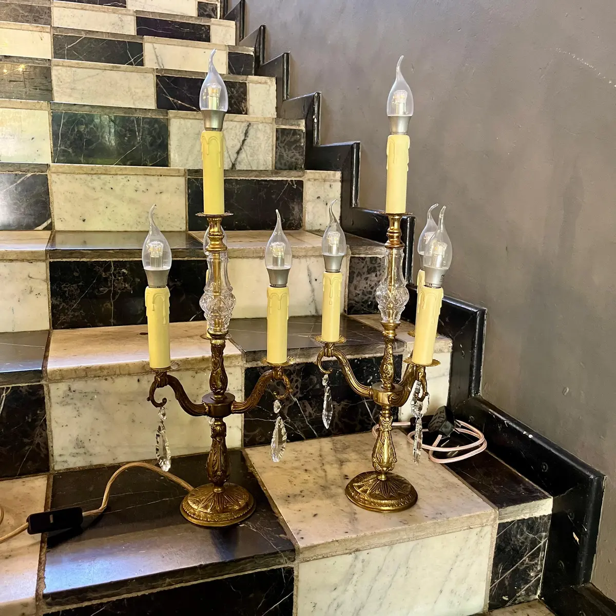 Pair Of Ornate Brass And Crystal Candelabra Lamps 1