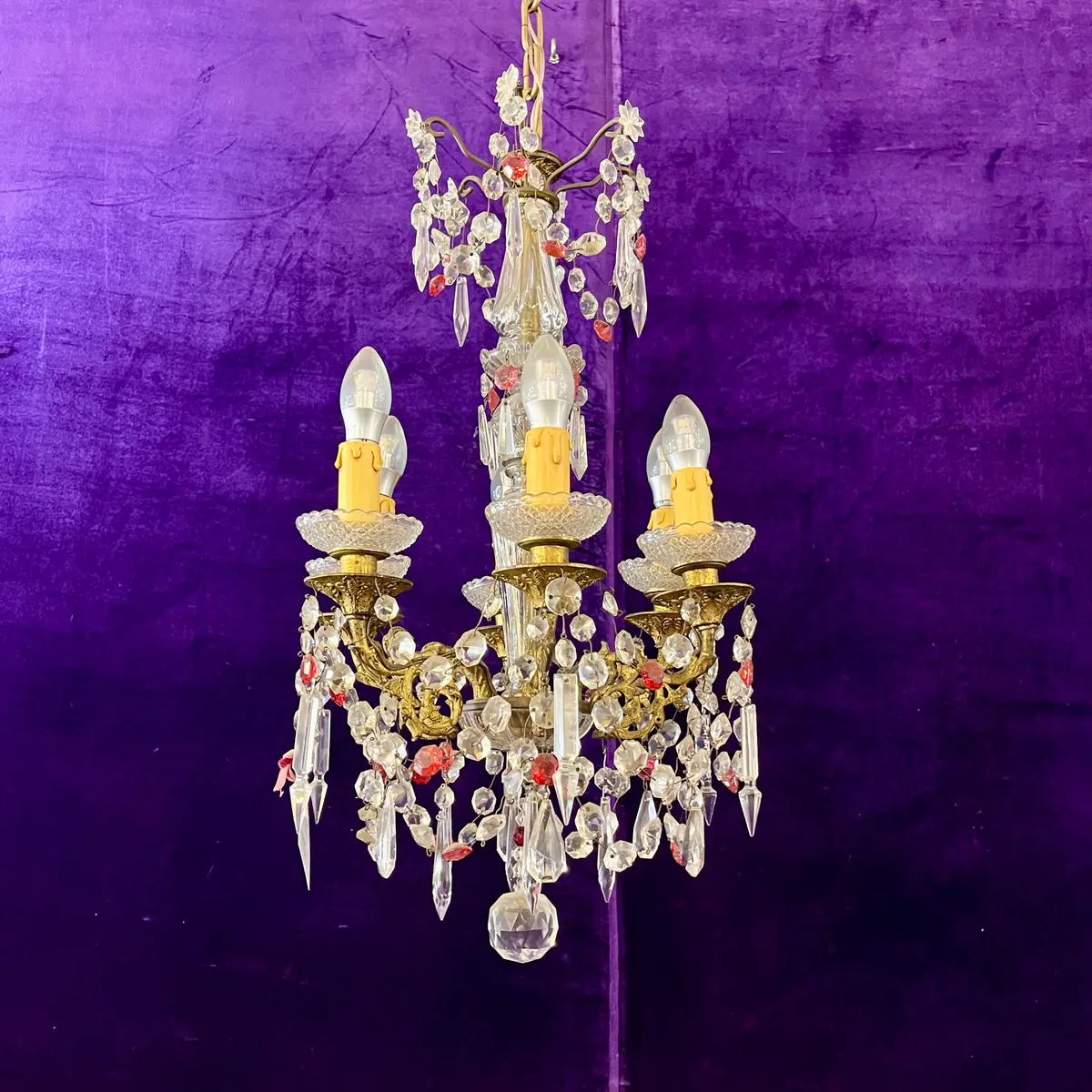 Antique Italian Brass Chandelier With Original Crystals 1