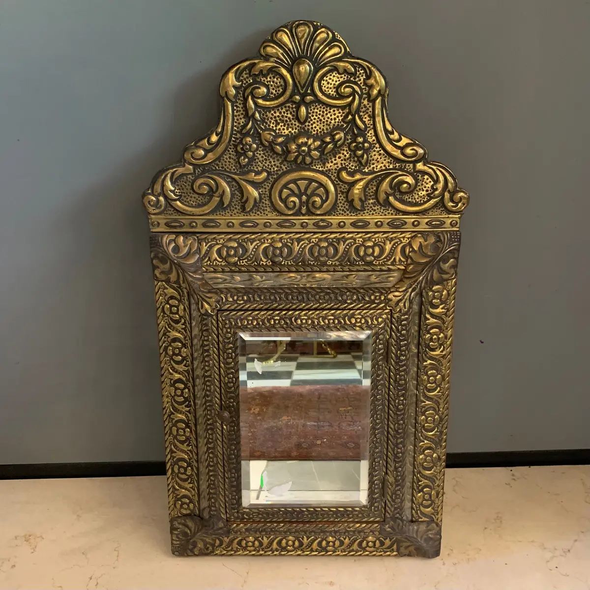 Pretty Patina Brass Antique Shoe Polishing Mirror 1
