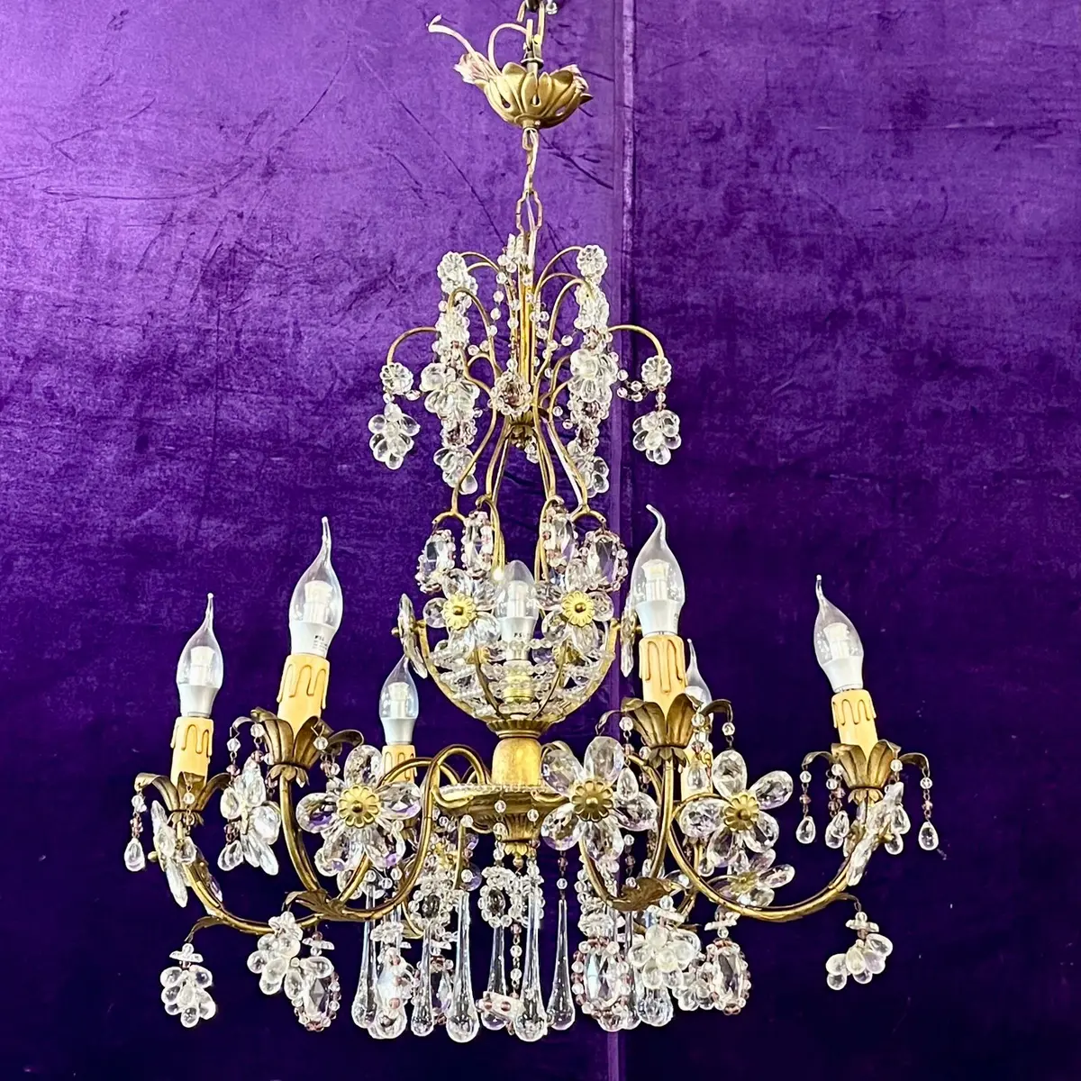 Italian Gilt Metal And Crystal Flower Chandelier, Mid-20Th Century - Sold 1
