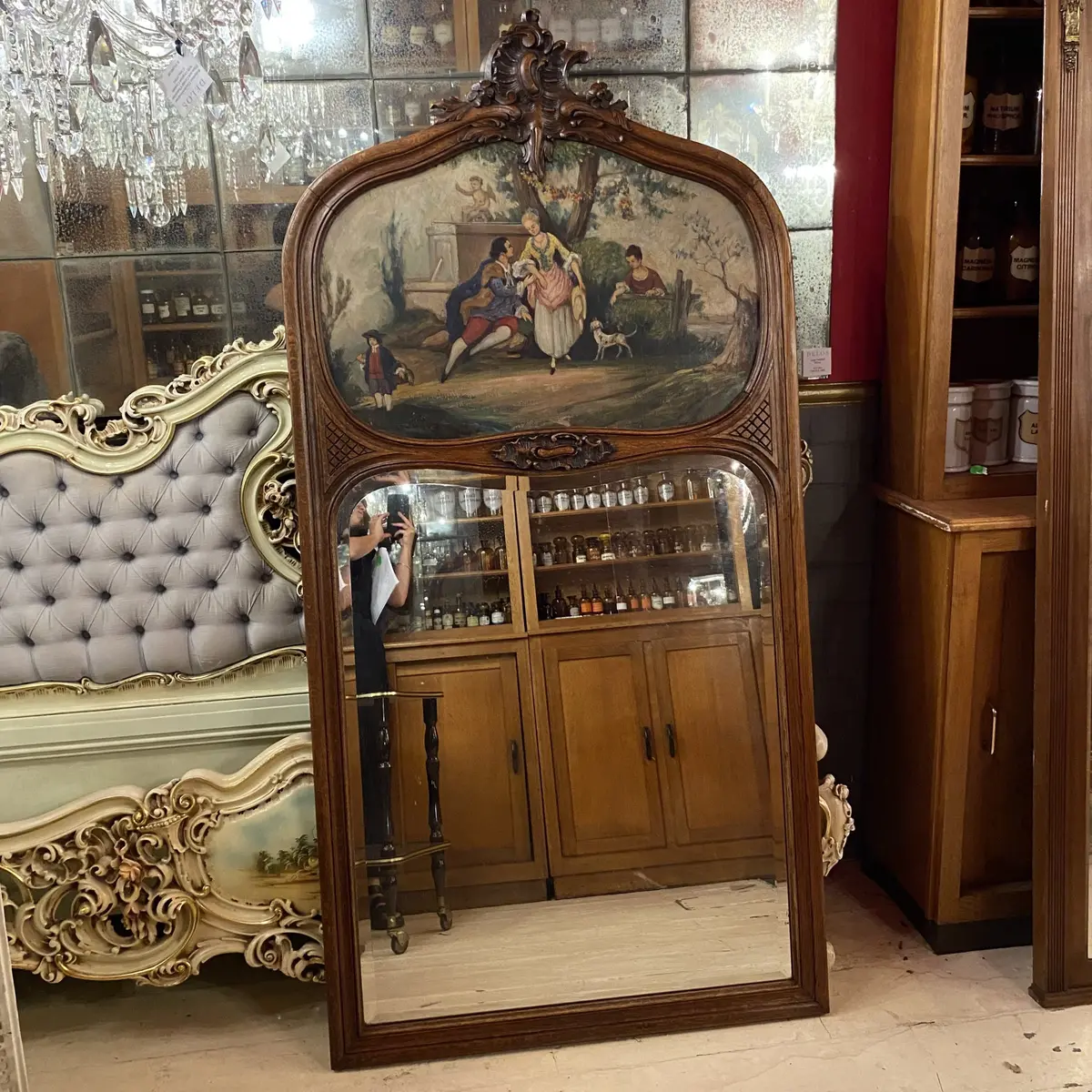 Stunning Antique Walnut Trumeau Mirror With Hand Painted Artwork - Sold 1