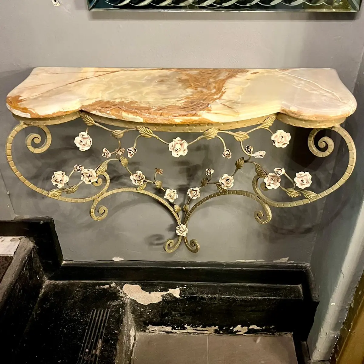 Elegant Wrought Iron Rose Adorned Console With Caramel Latte Mottled Marble Top 1