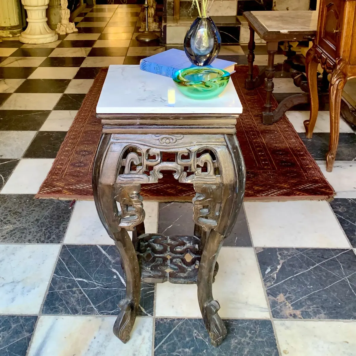 Beautiful Chinese Hand Carved Pedestal With Marble Top - Sold 1