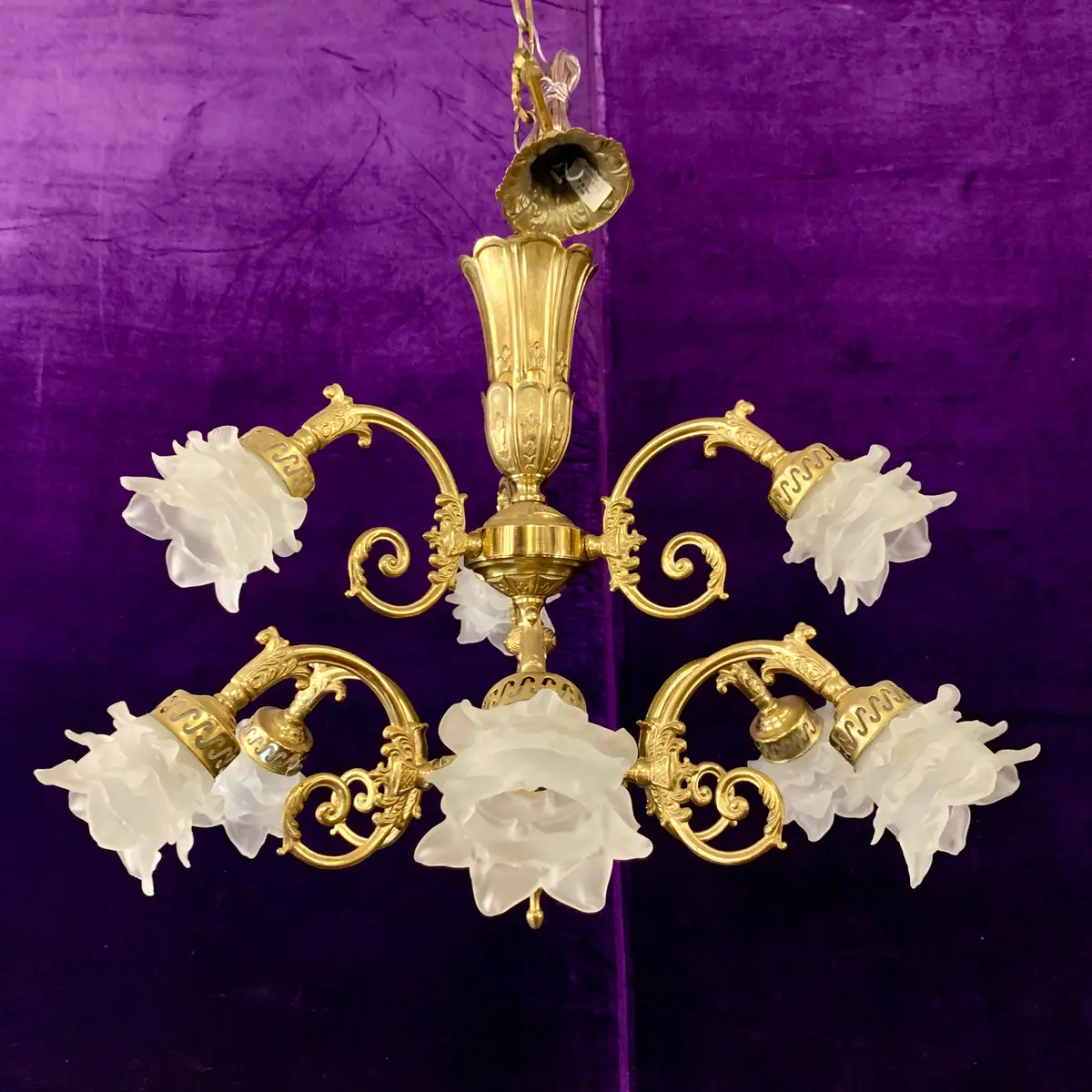 Antique Double Tier Cast Brass Pendant With Frosted Shades - Sold 1