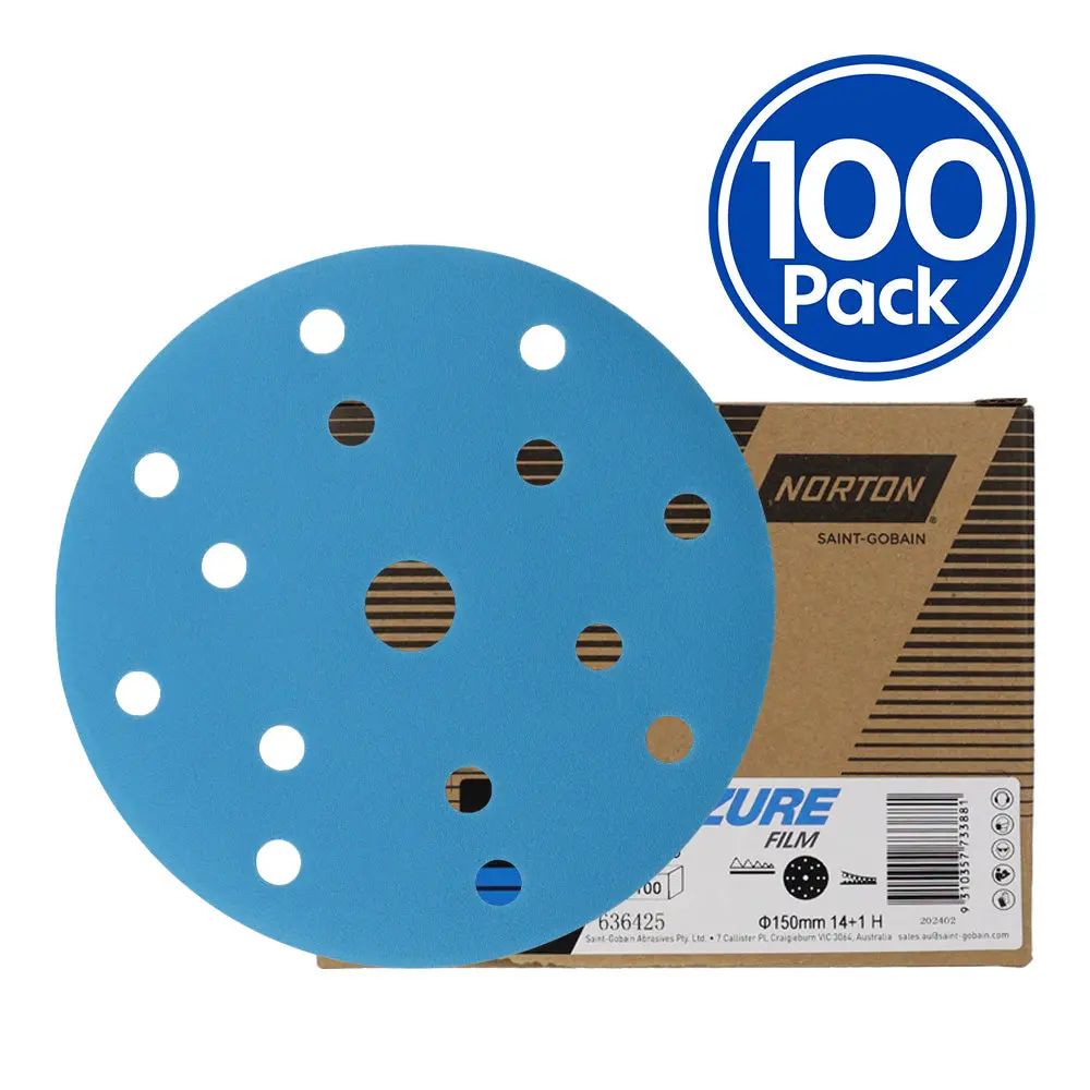 Norton Azure Q216 Sandpaper Discs Hook & Loop 15H 150Mm 80 - 1500 Grit X 100 Box 1