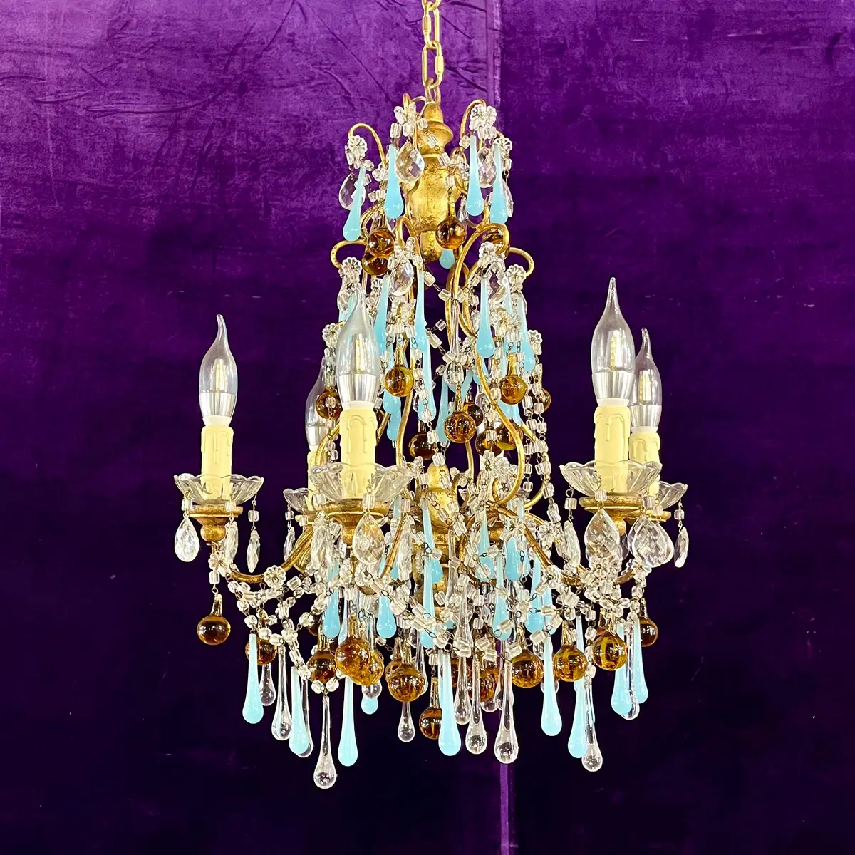Murano Glass Chandelier With Opaline And Amber Drops, C.1950S–60S 1