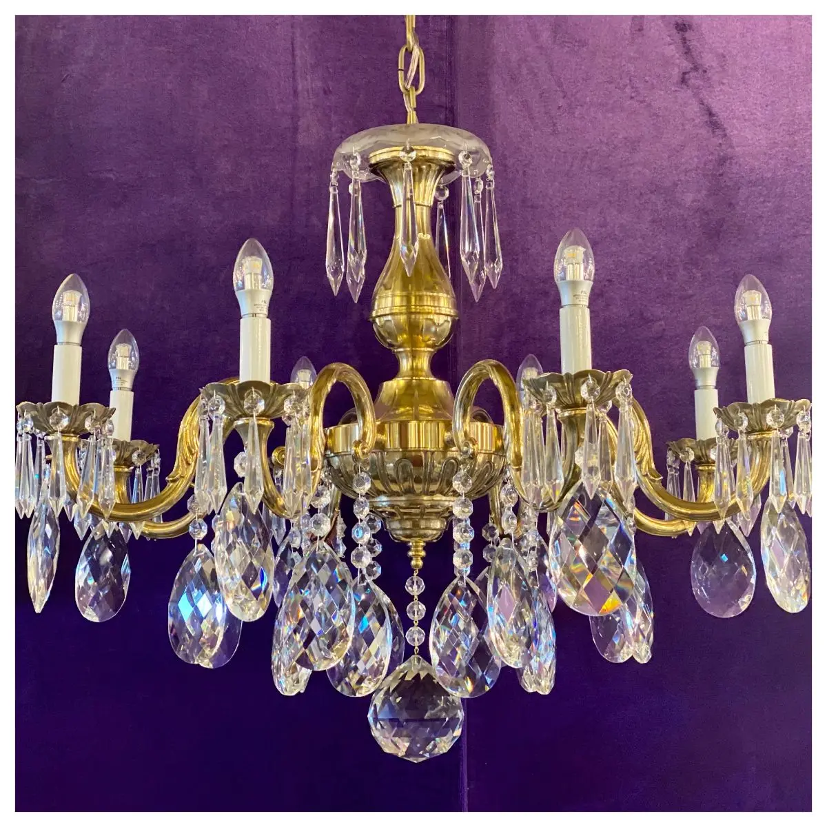 An Antique Polished Brass Chandelier With Crystal - Sold 1