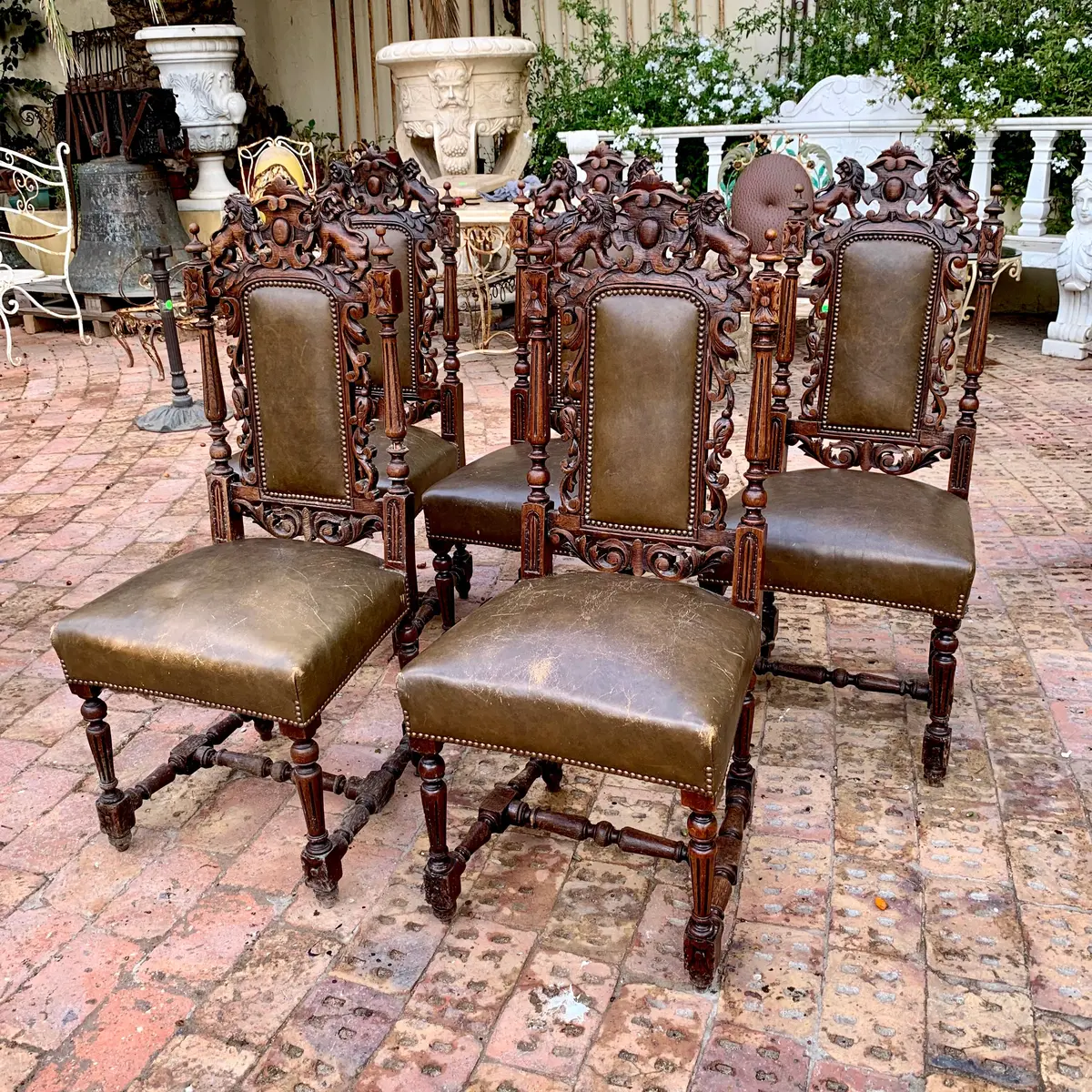 Antique French Carved Dark Oak And Leather Dining Chairs 1