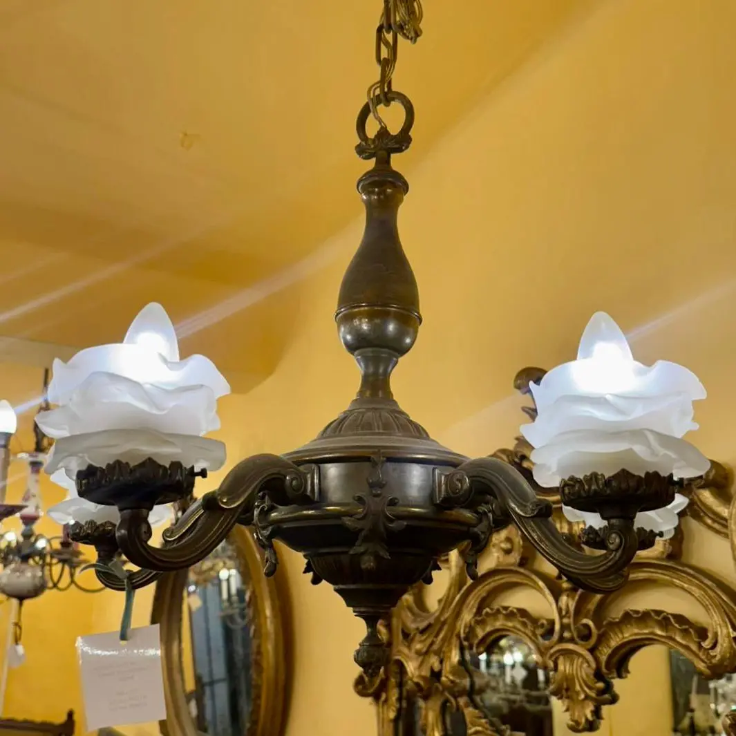 Heavy Cast Brass Victorian Chandelier With Frosted Globes 1