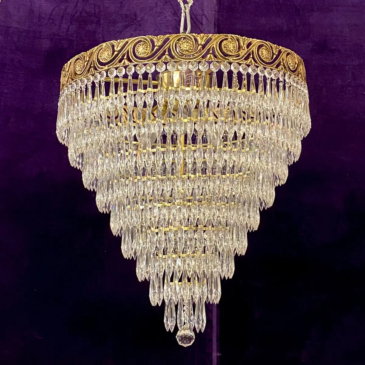 Aged Brass And Crystal Waterfall Chandelier - Sold 1