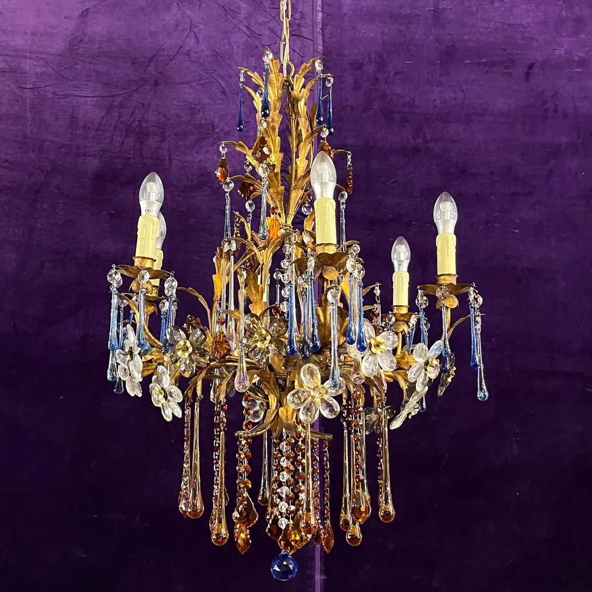 Florentine Gilt Metal Chandelier With Coloured Murano Drops, C.1950S–60S - Sold 1