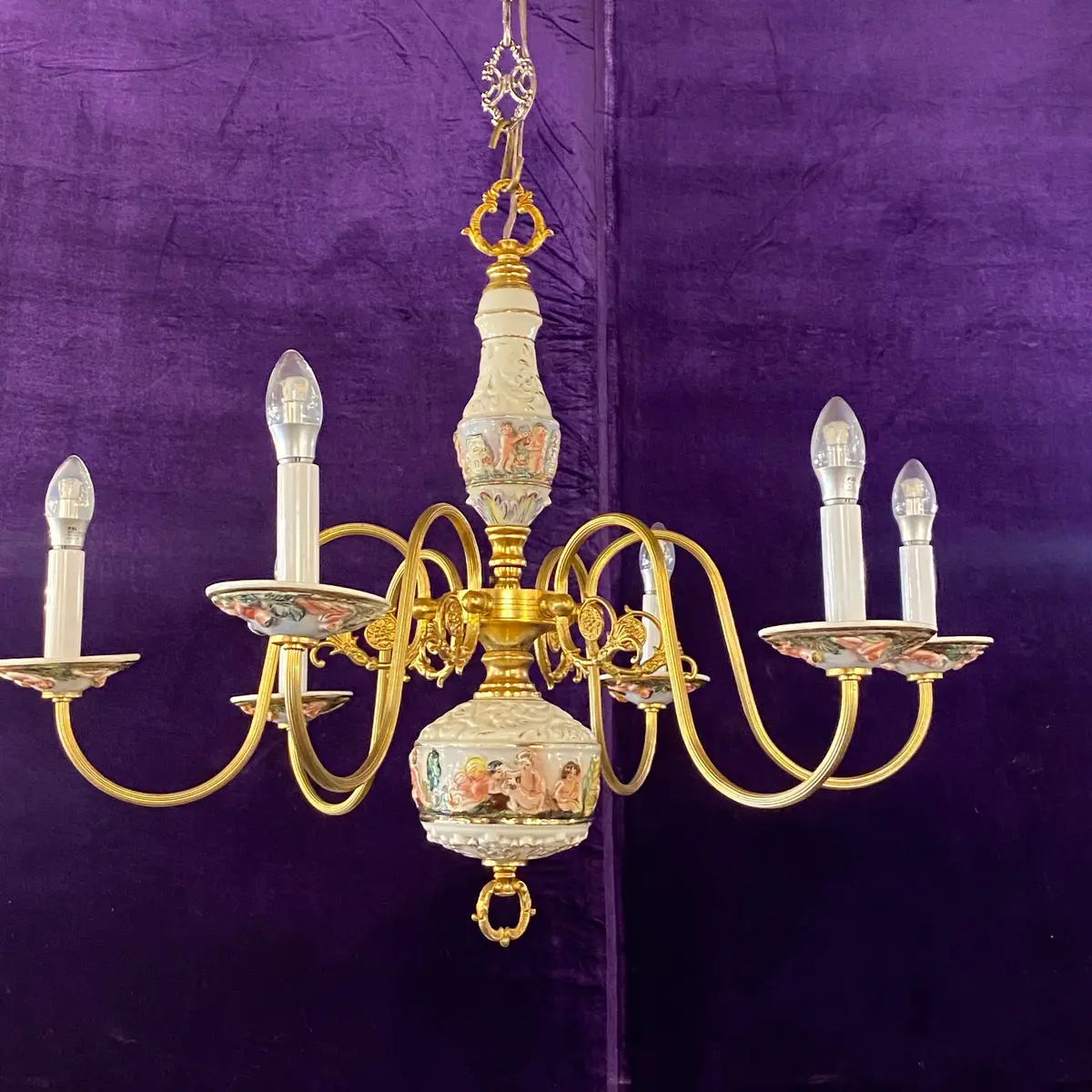 Unusual Porcelain Chandelier With Hand Painted Cherubs 1