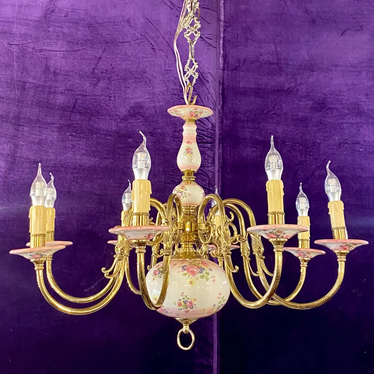 Large & Elegant Pink Delft Chandelier 1
