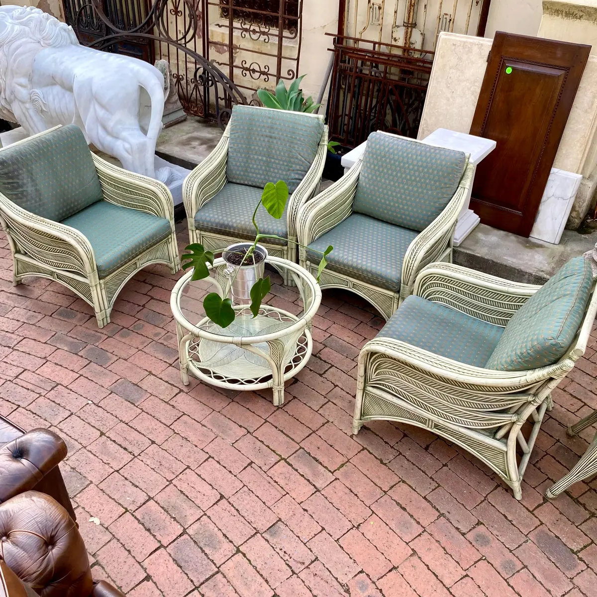 Vintage Cane Upholstered Lounger Set 1