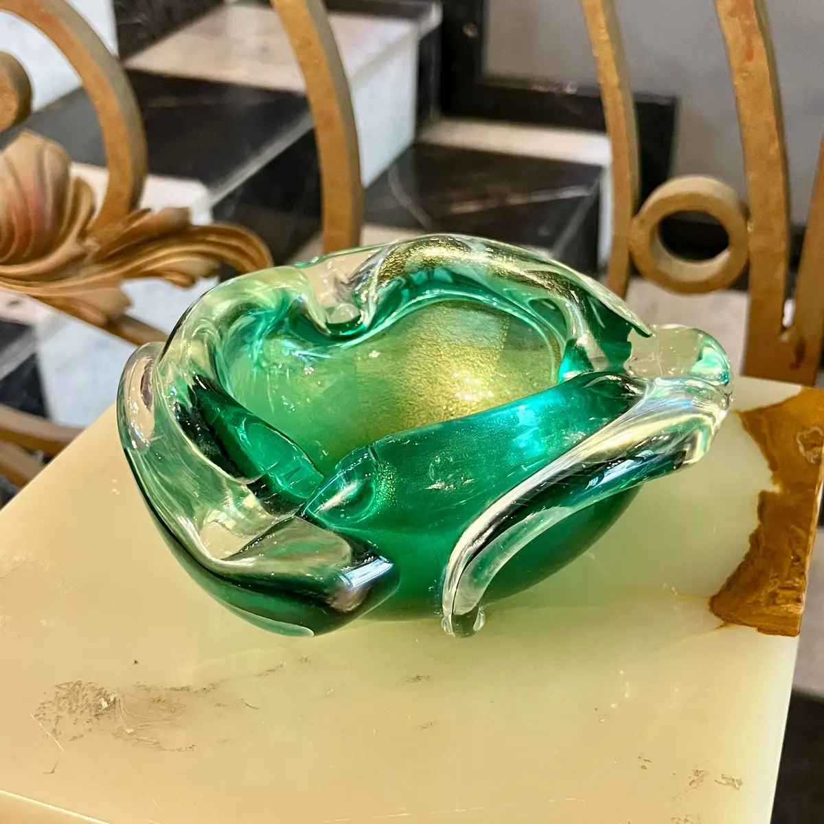 Murano Emerald With Gold Flecks Ashtray 1