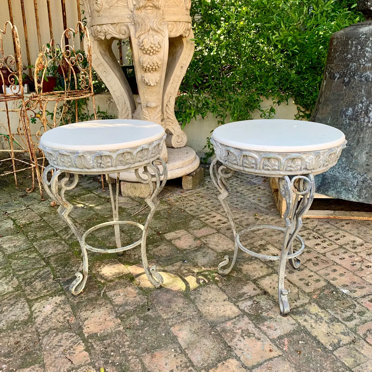 Pretty Wrought Iron And Cement Base With Marble Top Table - Sold 1