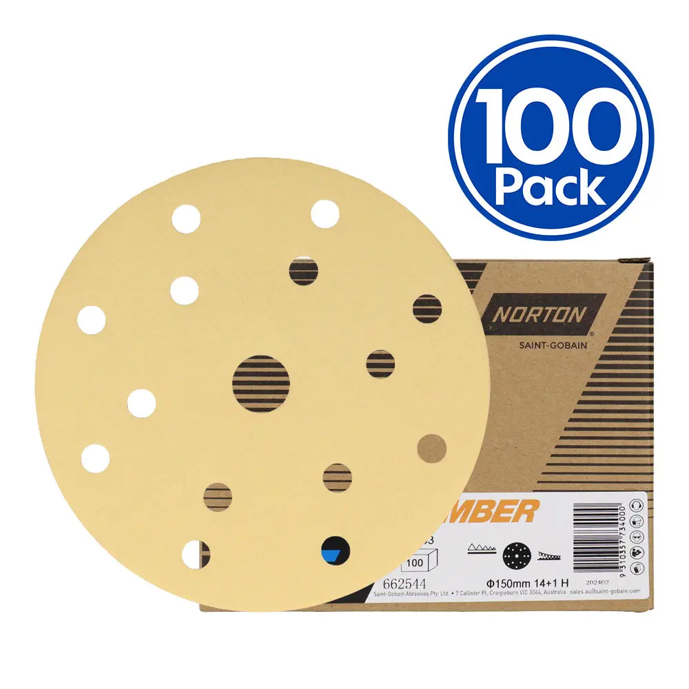 Norton Amber A293 Sandpaper Discs Hook & Loop 15H 150Mm 80 - 500 Grit X 100 Box 1
