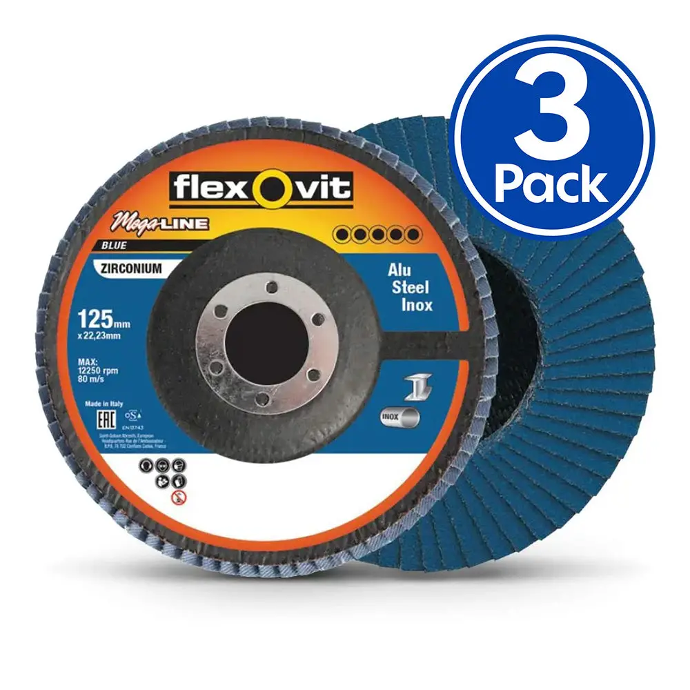 Flexovit Megaline Zirconia Angled Flap Disc 125Mm X 22Mm 60 Grit X 3 Pack 1