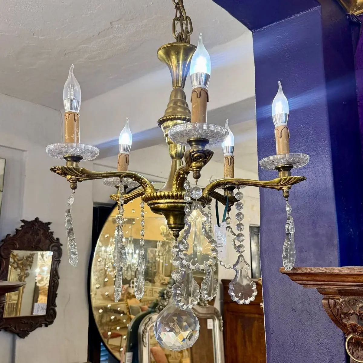 Gilded Brass Five-Light Chandelier With Crystal Drops, Art Deco, Mid 20Th Century 1
