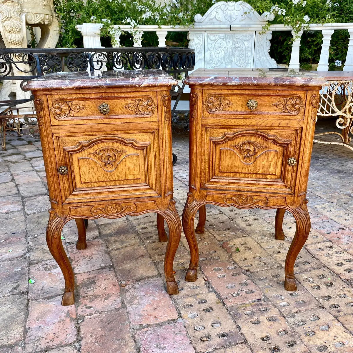 Pair Of Antique Oak Bedside Pedestals With Marble Top - Sold 1
