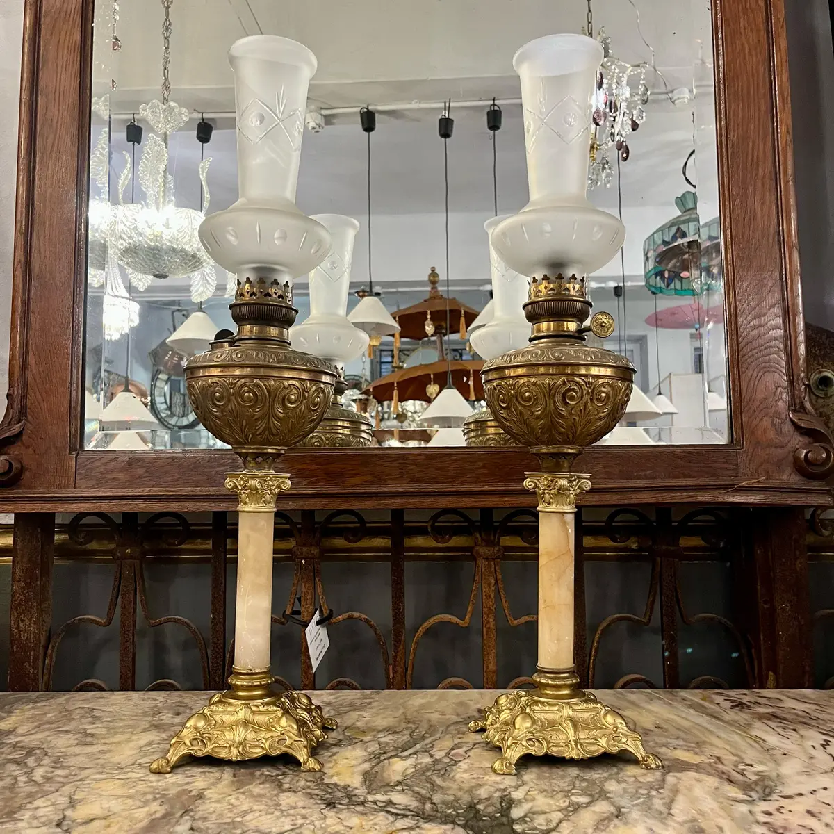 Pair Of Brass And Onyx Lamps With Frosted Shade - Sold 1