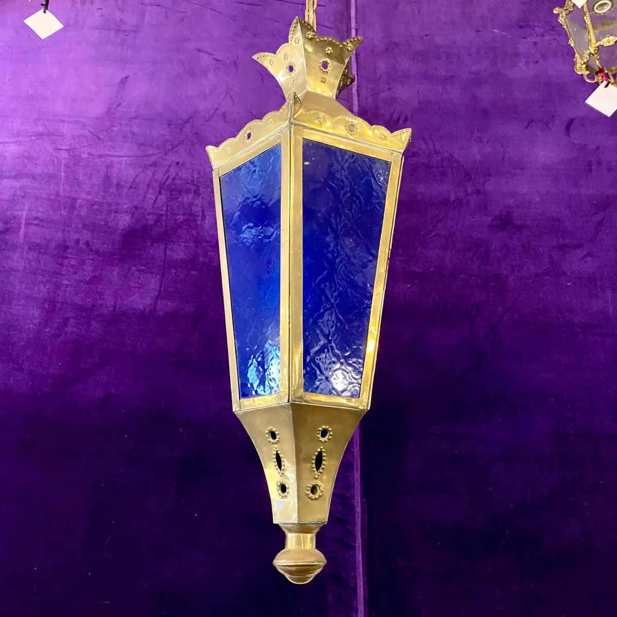 Polished Brass Lantern With Pressed Cobalt Blue Glass 1