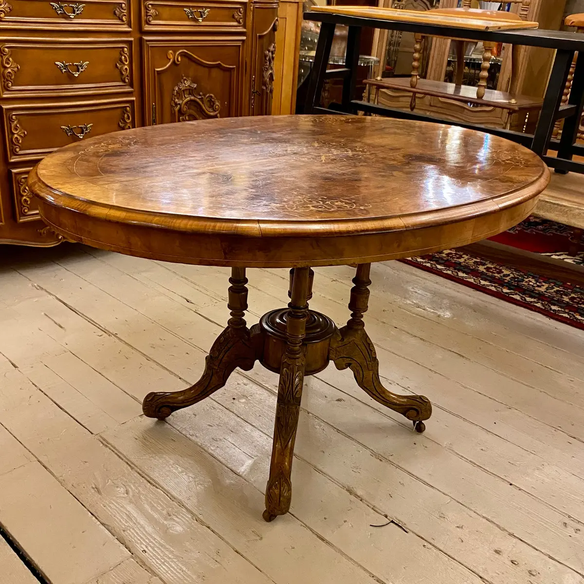Antique Oval Burr Walnut Inlaid Dining Room Table - Sold 1