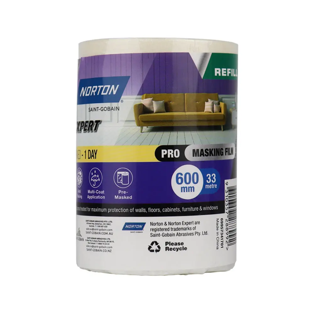 Norton Premasked Film Refill Cartridge 600Mm X 33M Plastic Drop Sheet Painting 1